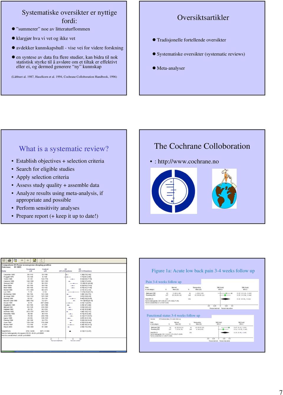 oversikter (systematic reviews) Meta-analyser (Làbbeet al. 1987, Haselkorn et al. 1994, Cochrane Colloboration Handbook, 1996) What is a systematic review?