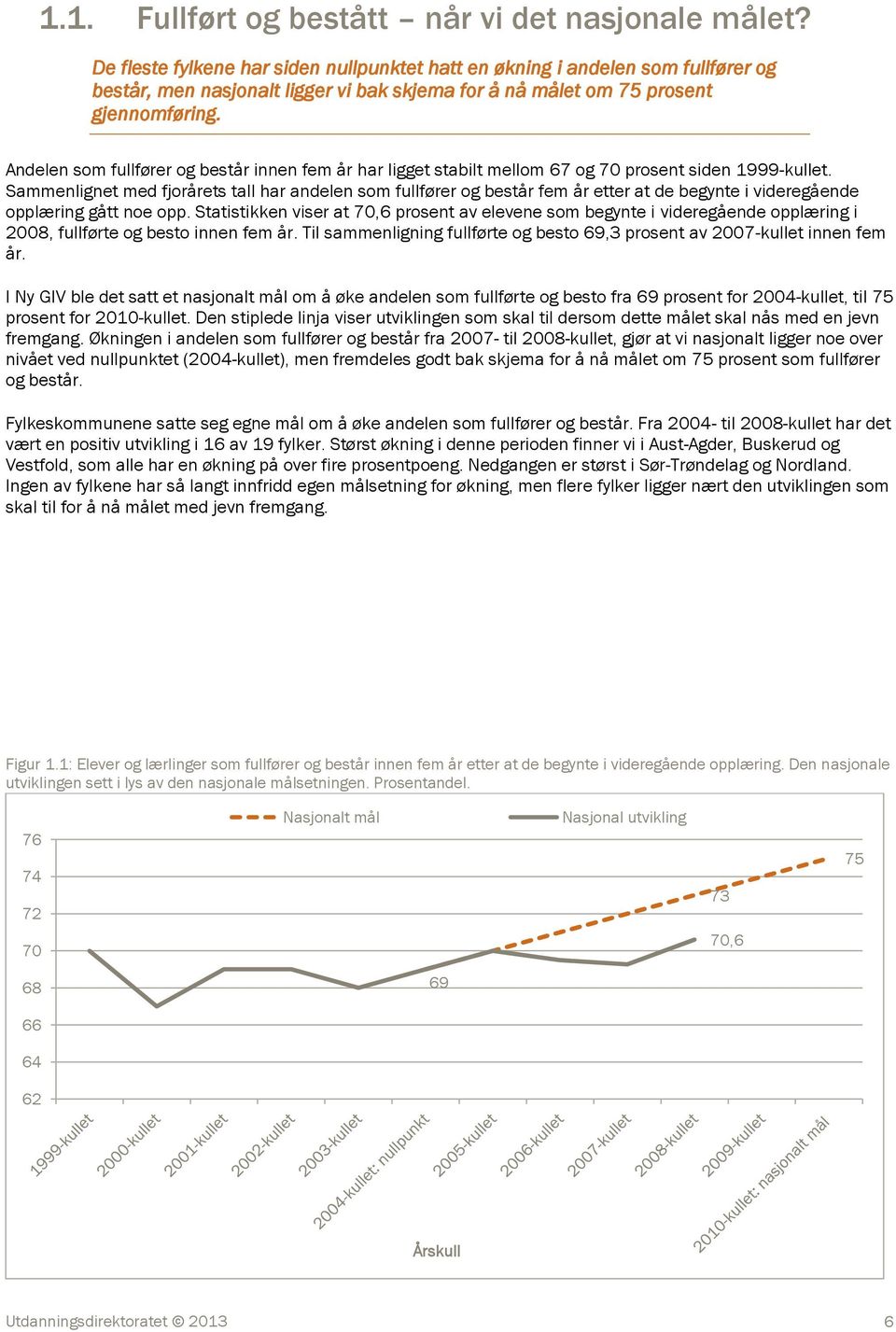 Andelen som fullfører og består innen fem år har ligget stabilt mellom 67 og 70 prosent siden 1999-kullet.