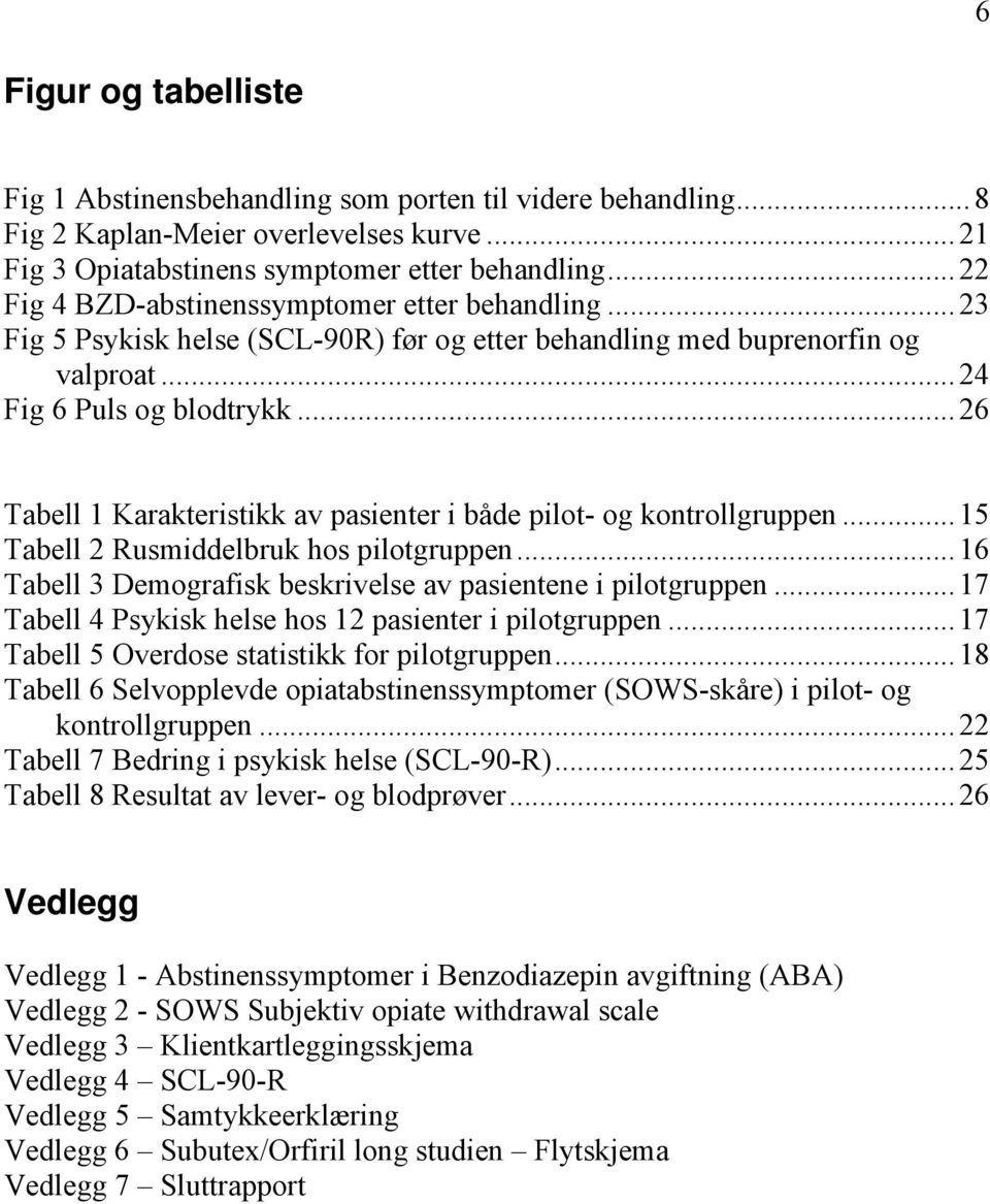 .. 26 Tabell 1 Karakteristikk av pasienter i både pilot- og kontrollgruppen... 15 Tabell 2 Rusmiddelbruk hos pilotgruppen... 16 Tabell 3 Demografisk beskrivelse av pasientene i pilotgruppen.