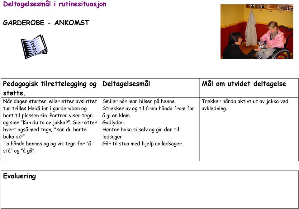 . Sier etter hvert også med tegn; Kan du hente boka di? Ta hånda hennes og og vis tegn for å stå og å gå. Deltagelsesmål Smiler når man hilser på henne.