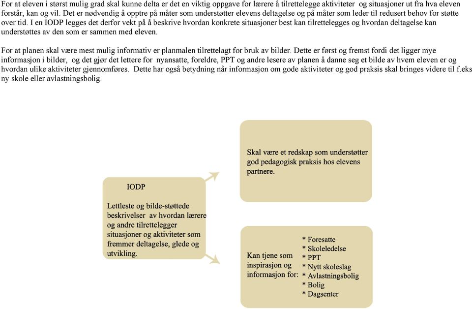 I en IODP legges det derfor vekt på å beskrive hvordan konkrete situasjoner best kan tilrettelegges og hvordan deltagelse kan understøttes av den som er sammen med eleven.