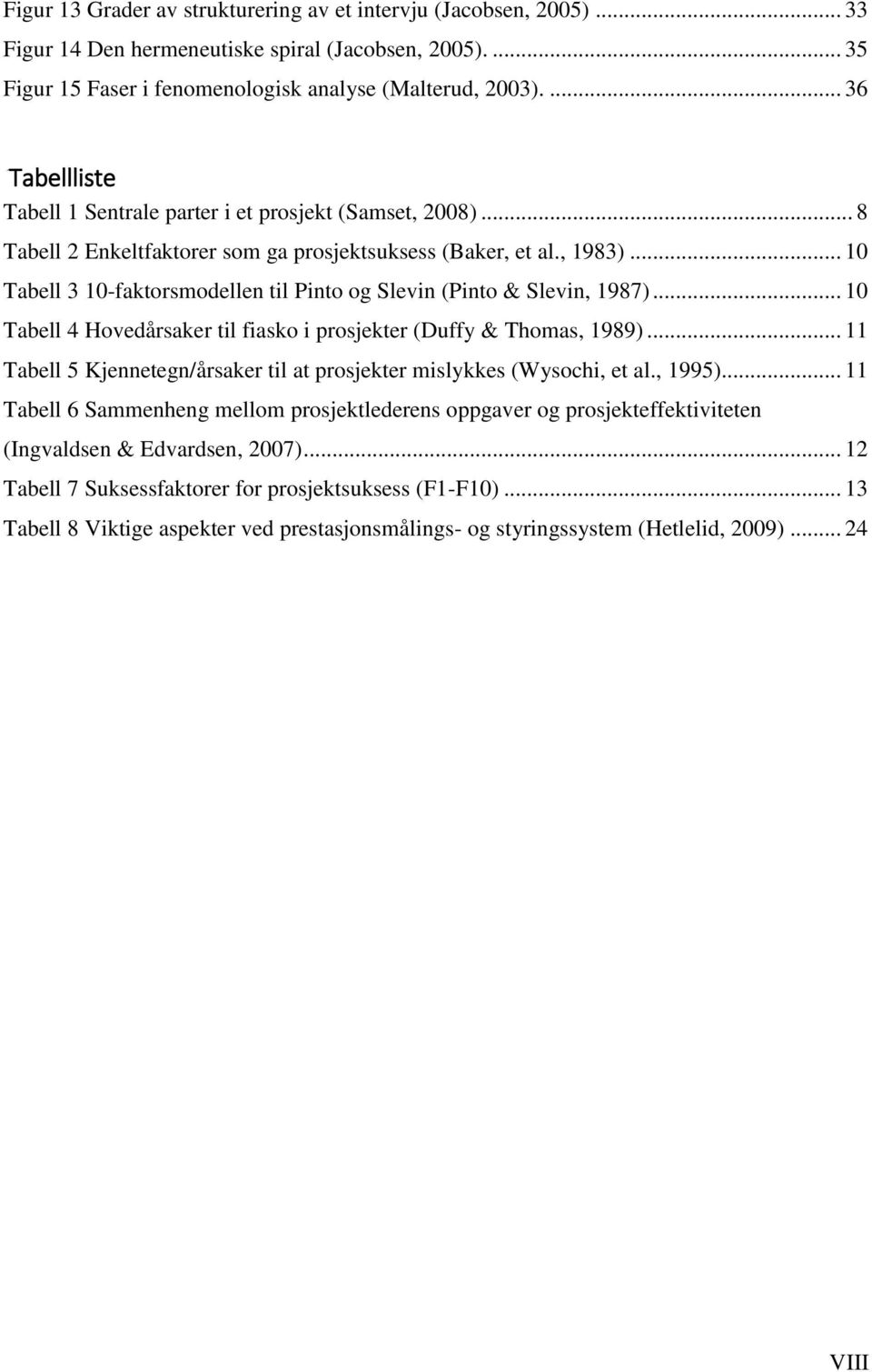 .. 10 Tabell 3 10-faktorsmodellen til Pinto og Slevin (Pinto & Slevin, 1987)... 10 Tabell 4 Hovedårsaker til fiasko i prosjekter (Duffy & Thomas, 1989).