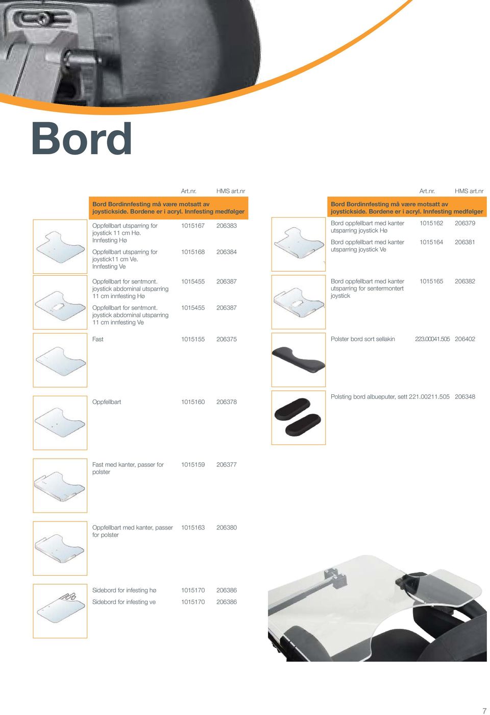 Innfesting medfølger Bord oppfellbart med kanter utsparring joystick Hø 1015162 206379 Bord oppfellbart med kanter utsparring joystick Ve 1015164 206381 Oppfellbart for sentmont.