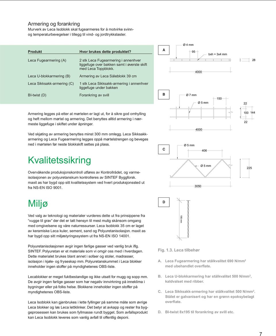 Armering av Leca Såleblokk 39 cm 4000 28 Leca Sikksakk-armering (C) 1 stk Leca Sikksakk-armering i annenhver liggefuge under bakken BI-twist (D) Forankring av svill B Ø 7 mm Ø 5 mm 150 22 Armering