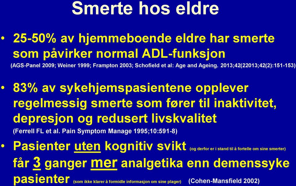 2013;42(22013;42(2):151-153) 83% av sykehjemspasientene opplever regelmessig smerte som fører til inaktivitet, depresjon og redusert livskvalitet