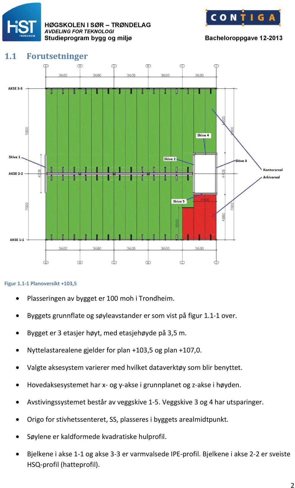 Hovedaksesystemet har x- og y-akse i grunnplanet og z-akse i høyden. Avstivingssystemet består av veggskive 1-5. Veggskive 3 og 4 har utsparinger.