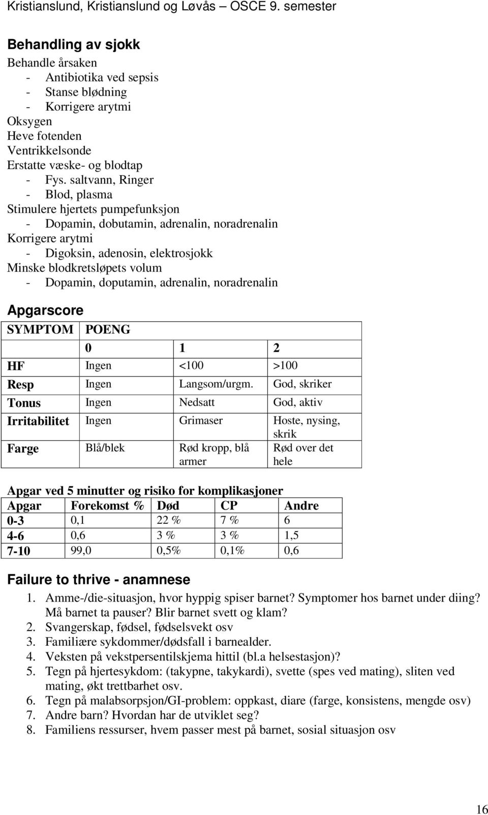 Dopamin, doputamin, adrenalin, noradrenalin Apgarscore SYMPTOM POENG 0 1 2 HF Ingen <100 >100 Resp Ingen Langsom/urgm.