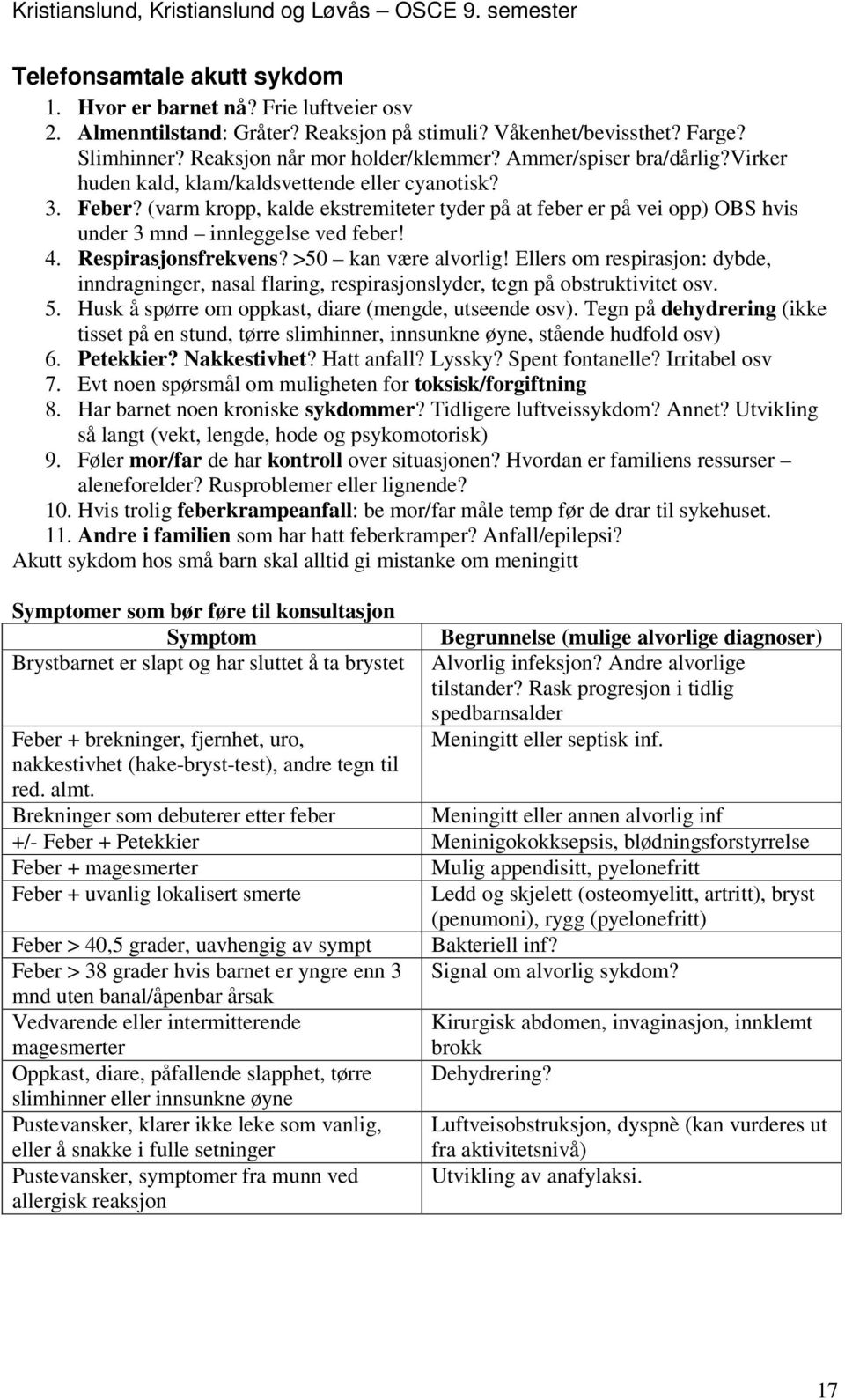 4. Respirasjonsfrekvens? >50 kan være alvorlig! Ellers om respirasjon: dybde, inndragninger, nasal flaring, respirasjonslyder, tegn på obstruktivitet osv. 5.