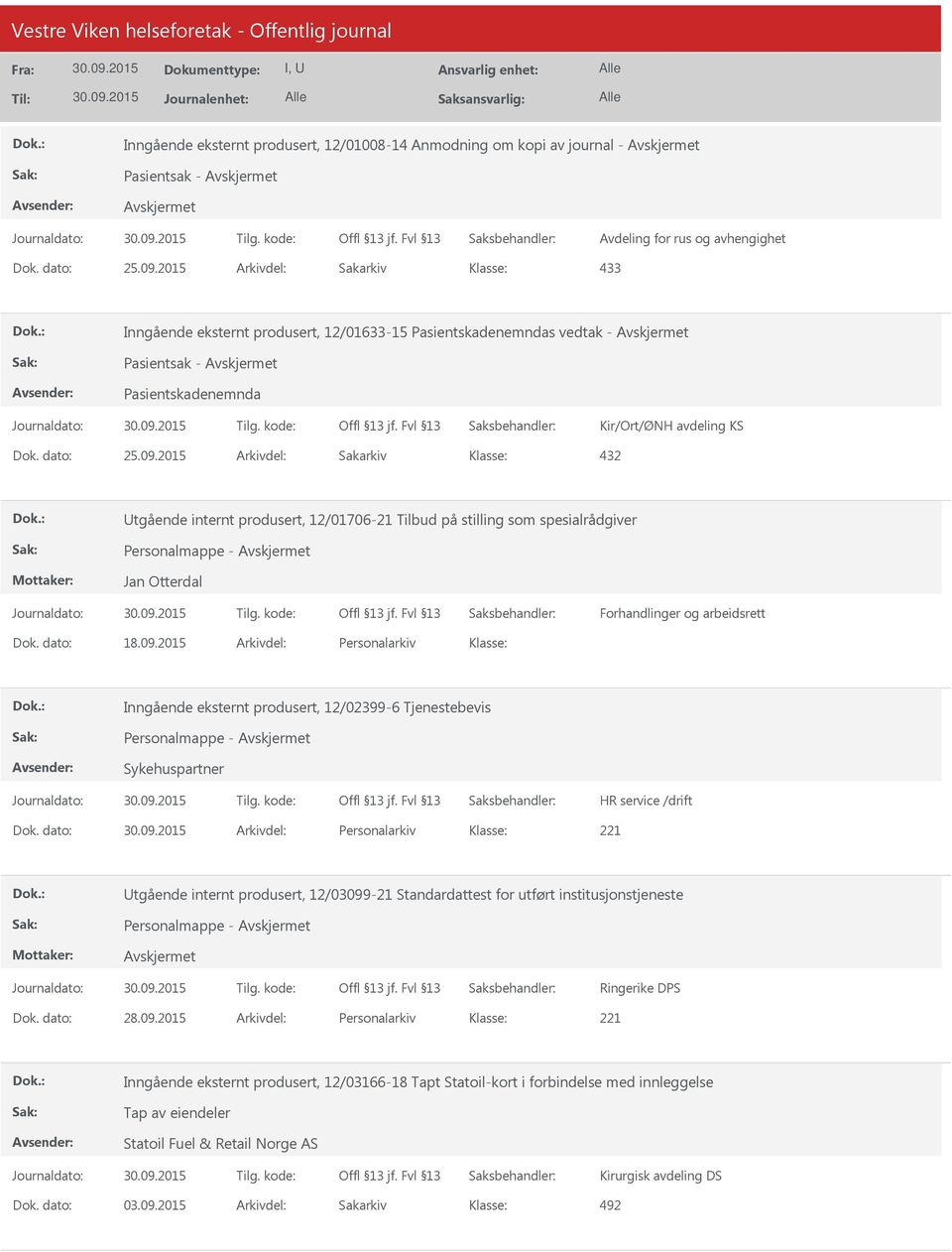 dato: 18.09.2015 Arkivdel: Personalarkiv Inngående eksternt produsert, 12/02399-6 Tjenestebevis Personalmappe - Sykehuspartner Dok.