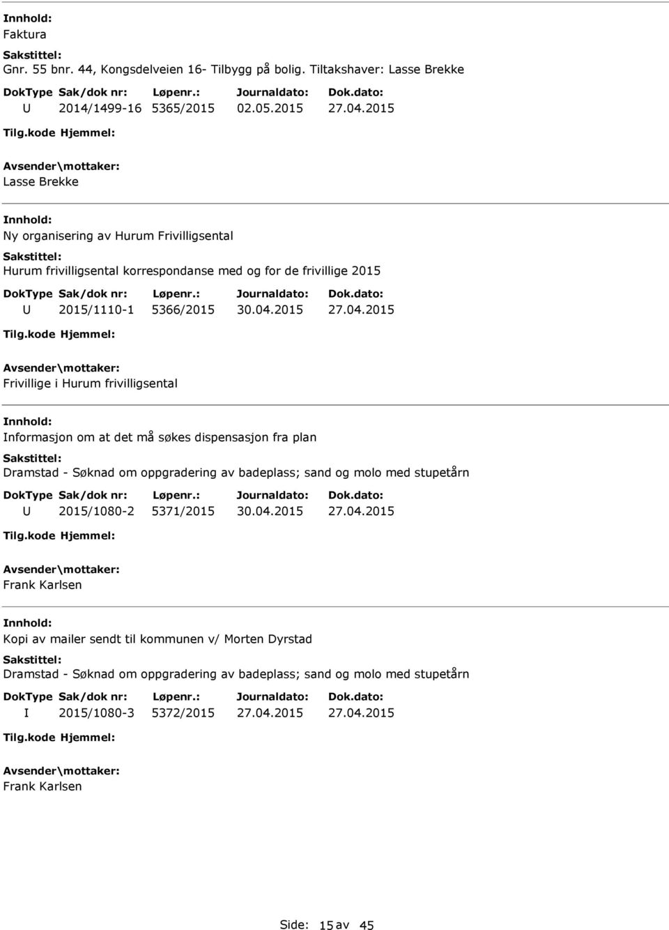 frivillige 2015 2015/1110-1 5366/2015 Frivillige i Hurum frivilligsental nformasjon om at det må søkes dispensasjon fra plan Dramstad - Søknad om