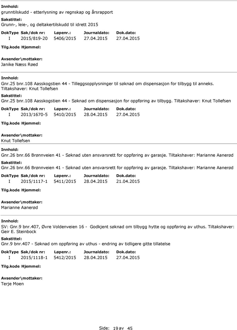 108 Aasskogstien 44 - Søknad om dispensasjon for oppføring av tilbygg. Tiltakshaver: Knut Tollefsen 2013/1670-5 5410/2015 Knut Tollefsen Gnr.26 bnr.