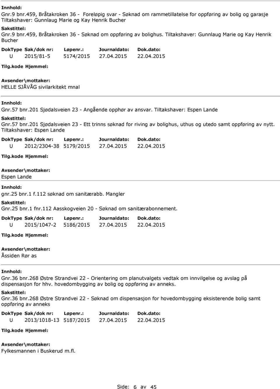 Tiltakshaver: Espen Lande Gnr.57 bnr.201 Sjødalsveien 23 - Ett trinns søknad for riving av bolighus, uthus og utedo samt oppføring av nytt. Tiltakshaver: Espen Lande 2012/2304-38 5179/2015 22.04.2015 Espen Lande gnr.