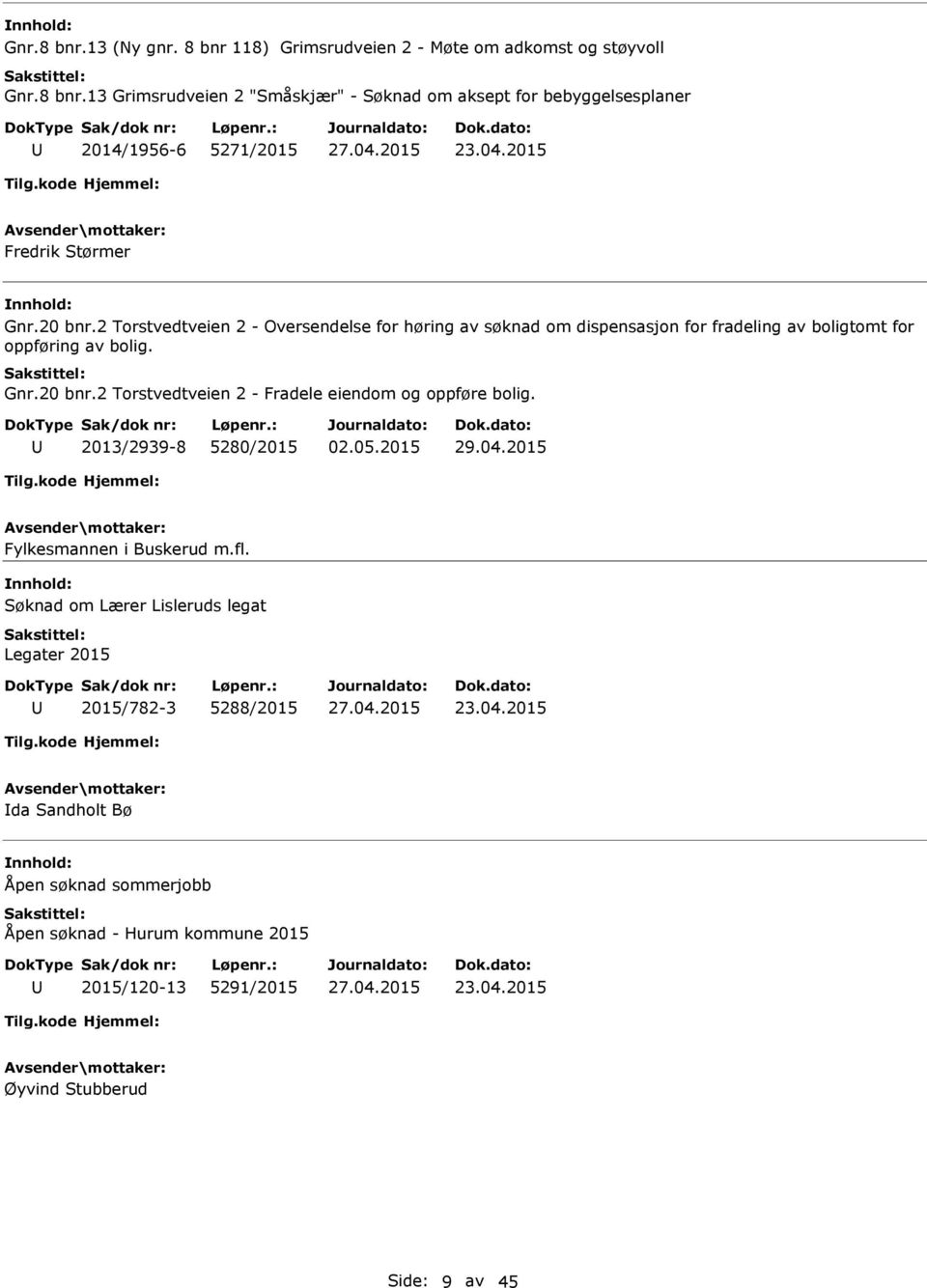 2013/2939-8 5280/2015 Fylkesmannen i Buskerud m.fl. Søknad om Lærer Lisleruds legat Legater 2015 2015/782-3 5288/2015 23.04.