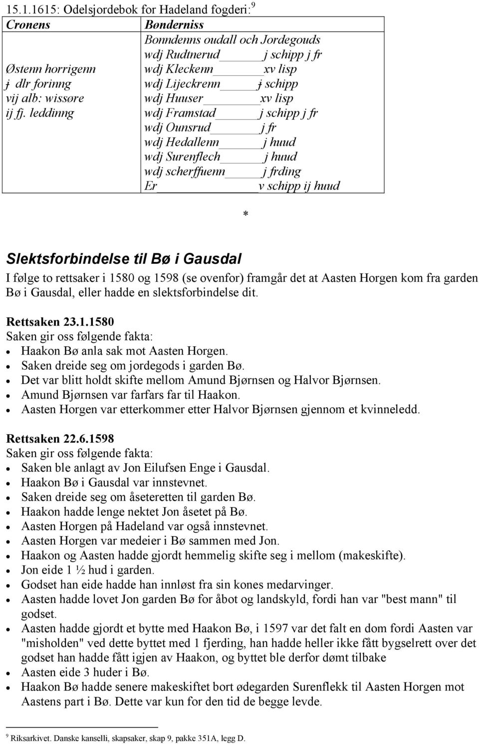 wdj Surenflech j huud wdj scherffuenn j frding Er v schipp ij huud * Slektsforbindelse til Bø i Gausdal I følge to rettsaker i 1580 og 1598 (se ovenfor) framgår det at Aasten Horgen kom fra garden Bø