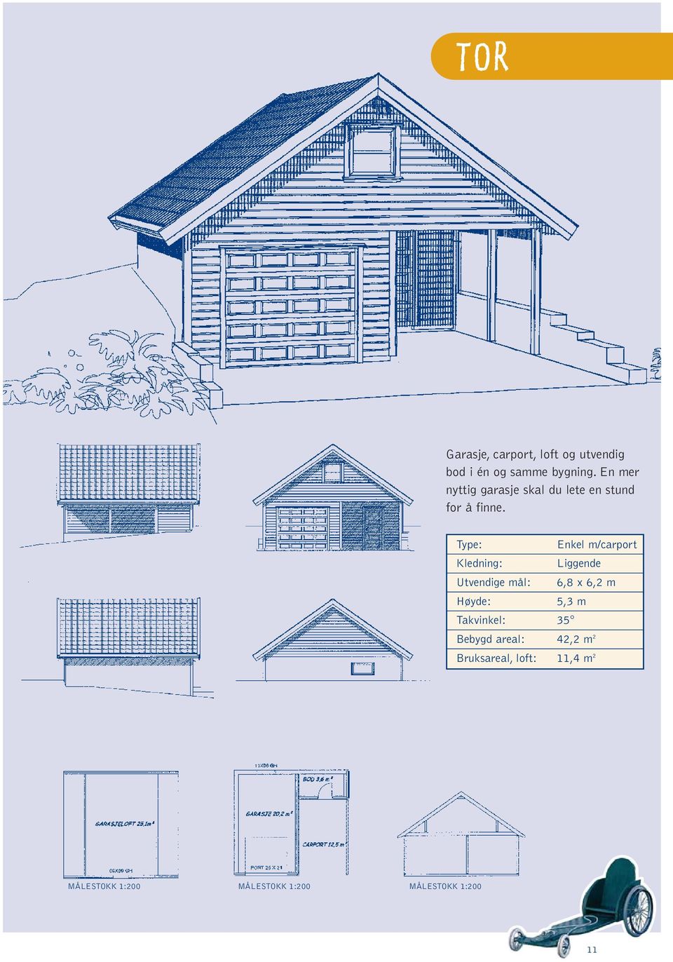 Enkel m/carport Utvendige mål: 6,8 x 6,2 m 5,3 m Takvinkel: 35 Bebygd