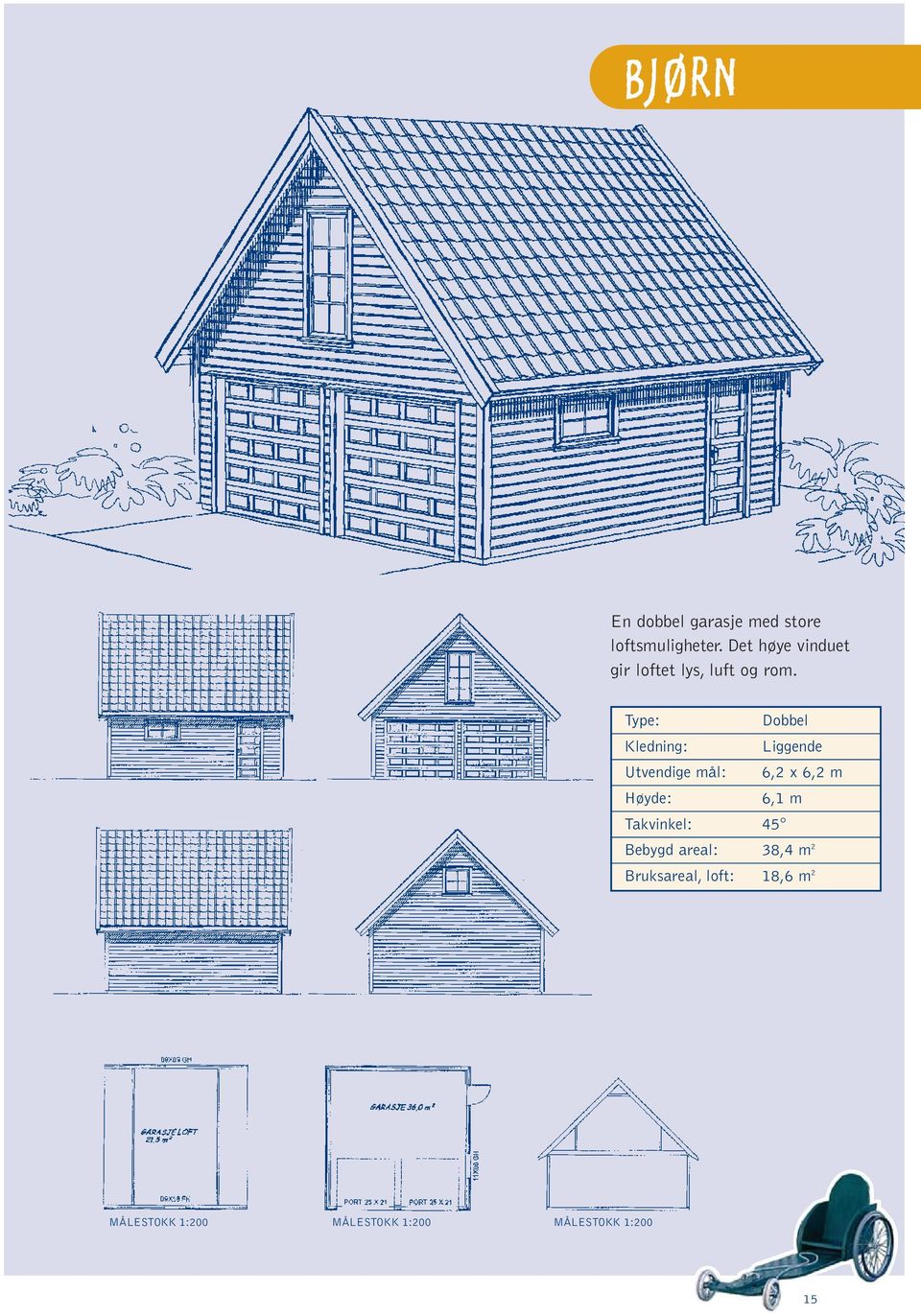 Dobbel Utvendige mål: 6,2 x 6,2 m 6,1 m Takvinkel: 45 Bebygd