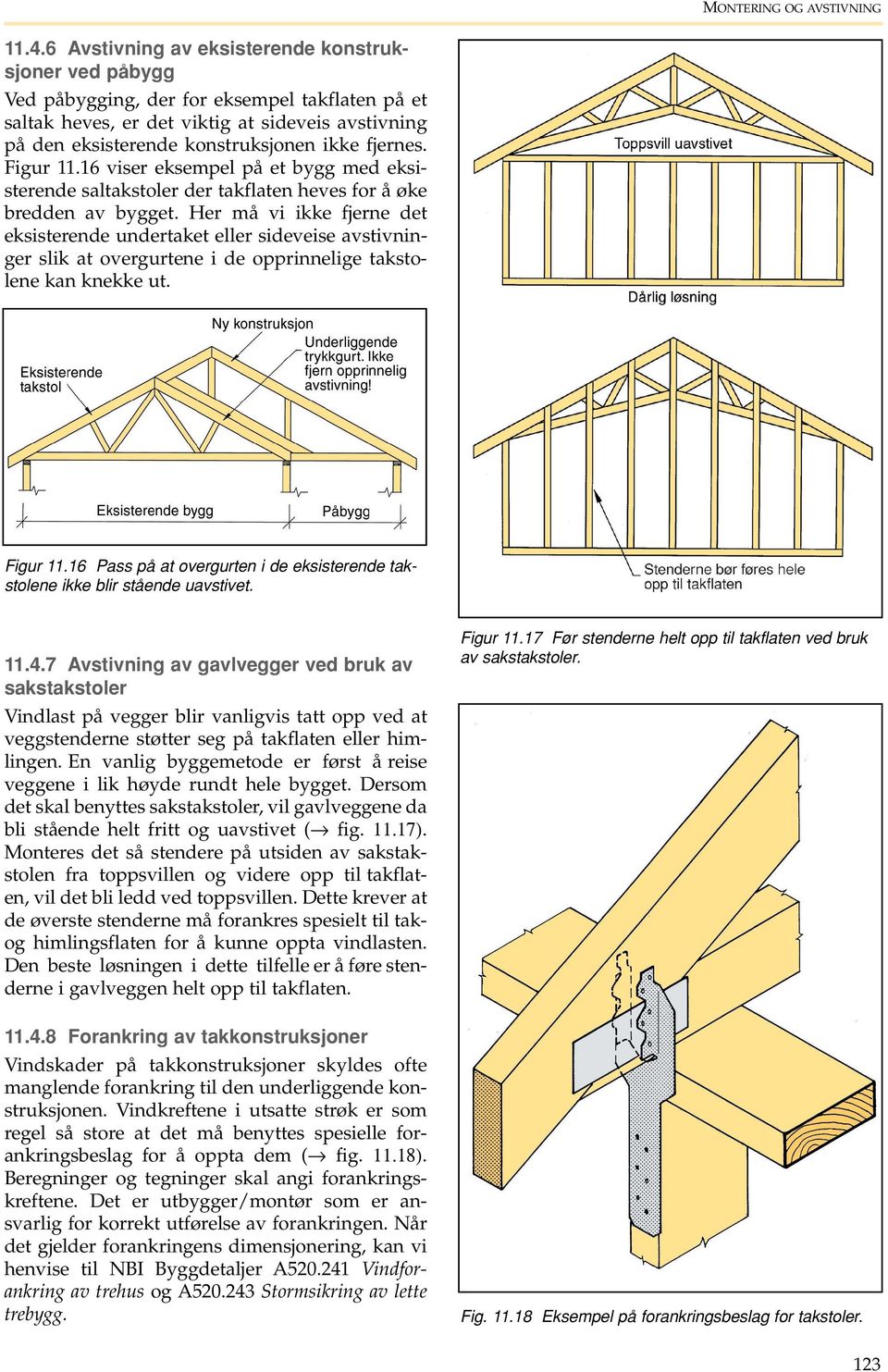 fjernes. Figur 11.16 viser eksempel på et bygg med eksisterende saltakstoler der takflaten heves for å øke bredden av bygget.