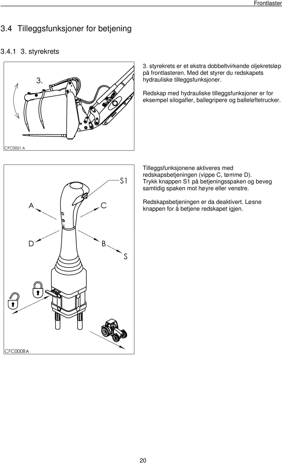 Redskap med hydrauliske tilleggsfunksjoner er for eksempel silogafler, ballegripere og balleløftetrucker.