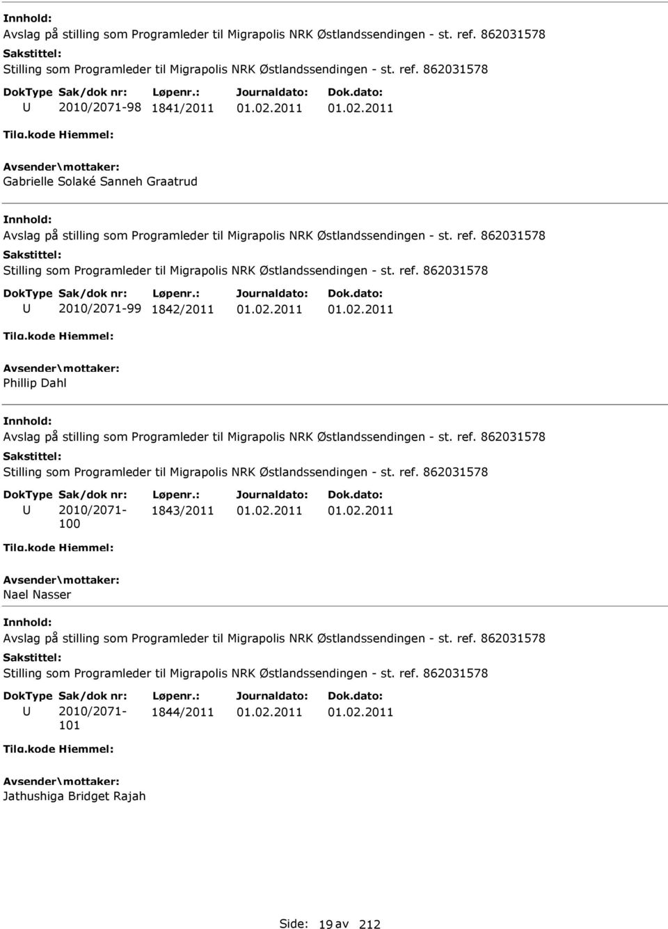 862031578 2010/2071-98 1841/2011 Gabrielle Solaké Sanneh Graatrud   862031578 2010/2071-99 1842/2011 Phillip Dahl   862031578 Sak/dok nr: 2010/2071-100 Løpenr.