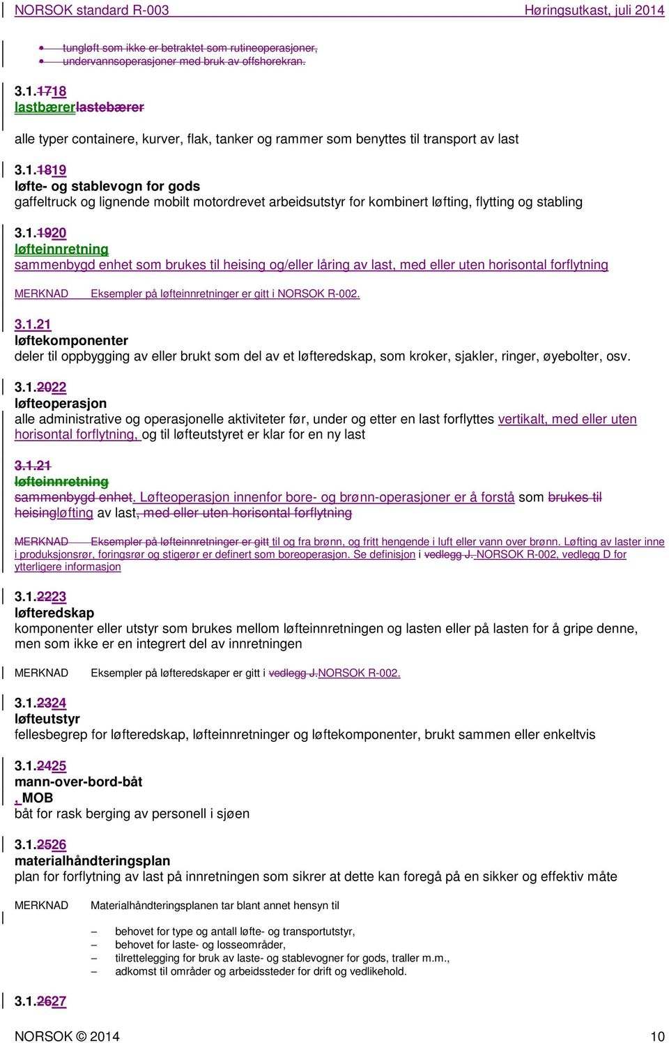 1.1920 løfteinnretning sammenbygd enhet som brukes til heising og/eller låring av last, med eller uten horisontal forflytning MERKNAD Eksempler på løfteinnretninger er gitt i NORSOK R-002. 3.1.21 løftekomponenter deler til oppbygging av eller brukt som del av et løfteredskap, som kroker, sjakler, ringer, øyebolter, osv.