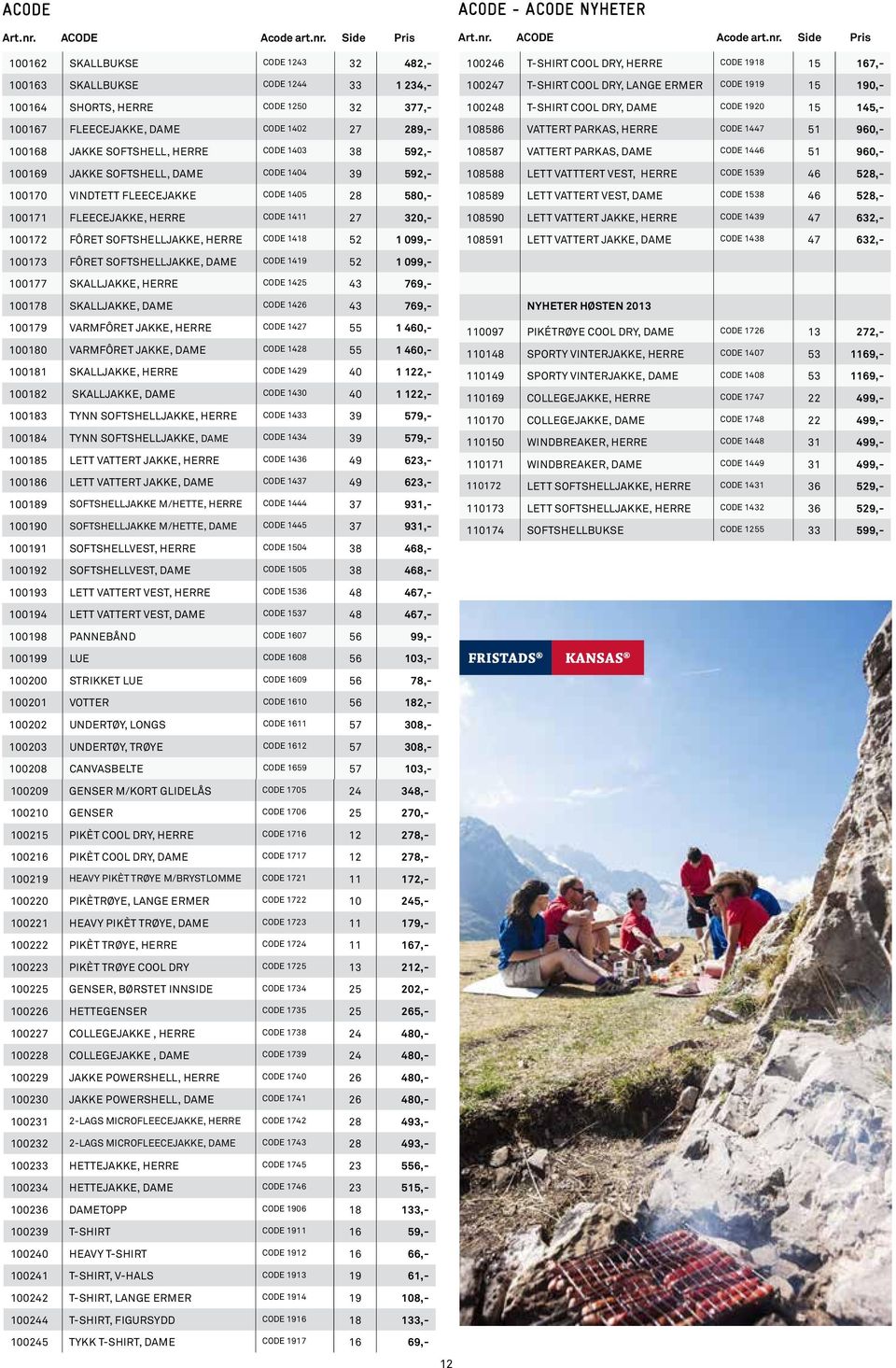 Side Pris 100162 SKALLBUKSE CODE 1243 32 482,- 100163 SKALLBUKSE CODE 1244 33 1 234,- 100164 SHORTS, HERRE CODE 1250 32 377,- 100167 FLEECEJAKKE, DAME CODE 1402 27 289,- 100168 JAKKE SOFTSHELL, HERRE