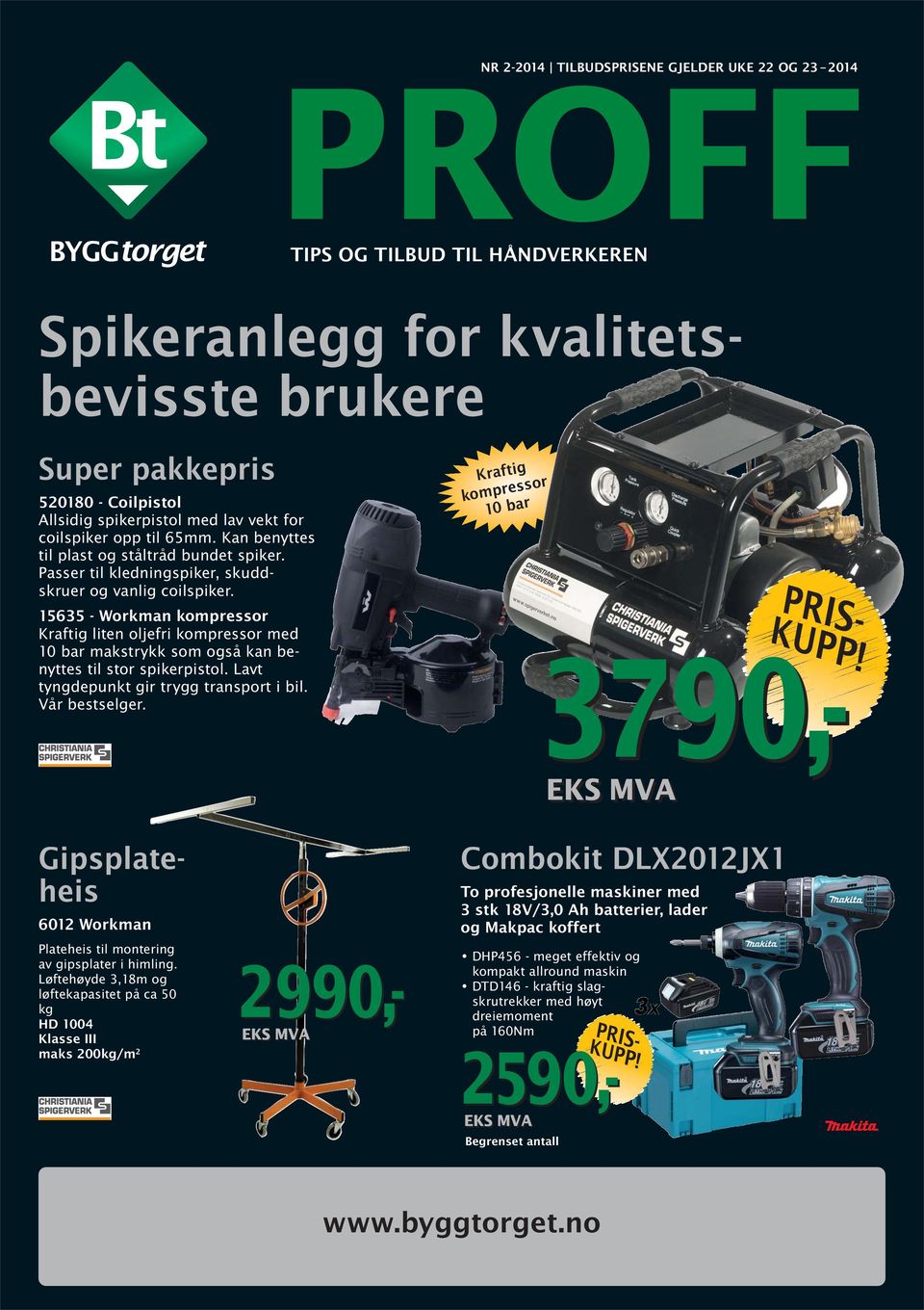 15635 - Workman kompressor Kraftig liten oljefri kompressor med 10 bar makstrykk som også kan benyttes til stor spikerpistol. Lavt tyngde punkt gir trygg transport i bil. Vår bestselger.