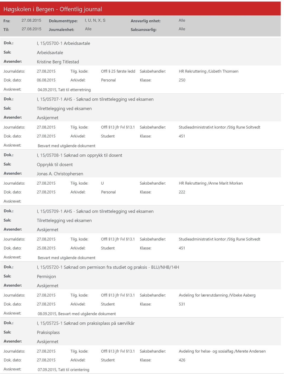 dato: Arkivdel: Student 451 Besvart med utgående dokument I, 15/05708-1 Søknad om opprykk til dosent Opprykk til dosent Jonas A. Christophersen HR Rekruttering /Anne Marit Morken Dok.