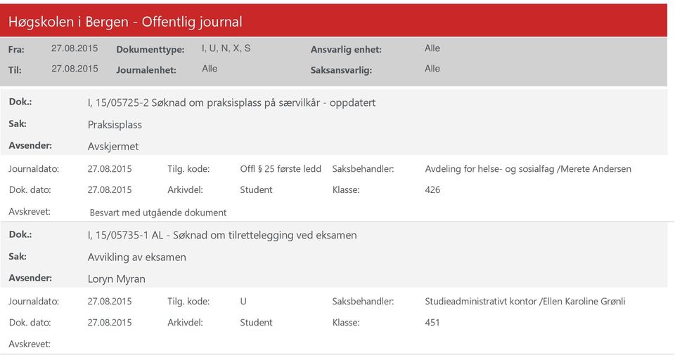 dato: Arkivdel: Student 426 Besvart med utgående dokument I, 15/05735-1 AL - Søknad om