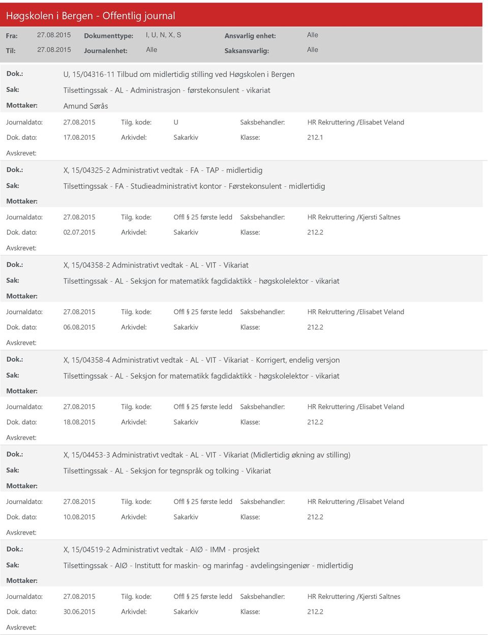 2015 Arkivdel: Sakarkiv X, 15/04358-2 Administrativt vedtak - AL - VIT - Vikariat Tilsettingssak - AL - Seksjon for matematikk fagdidaktikk - høgskolelektor - vikariat Dok. dato: 06.08.