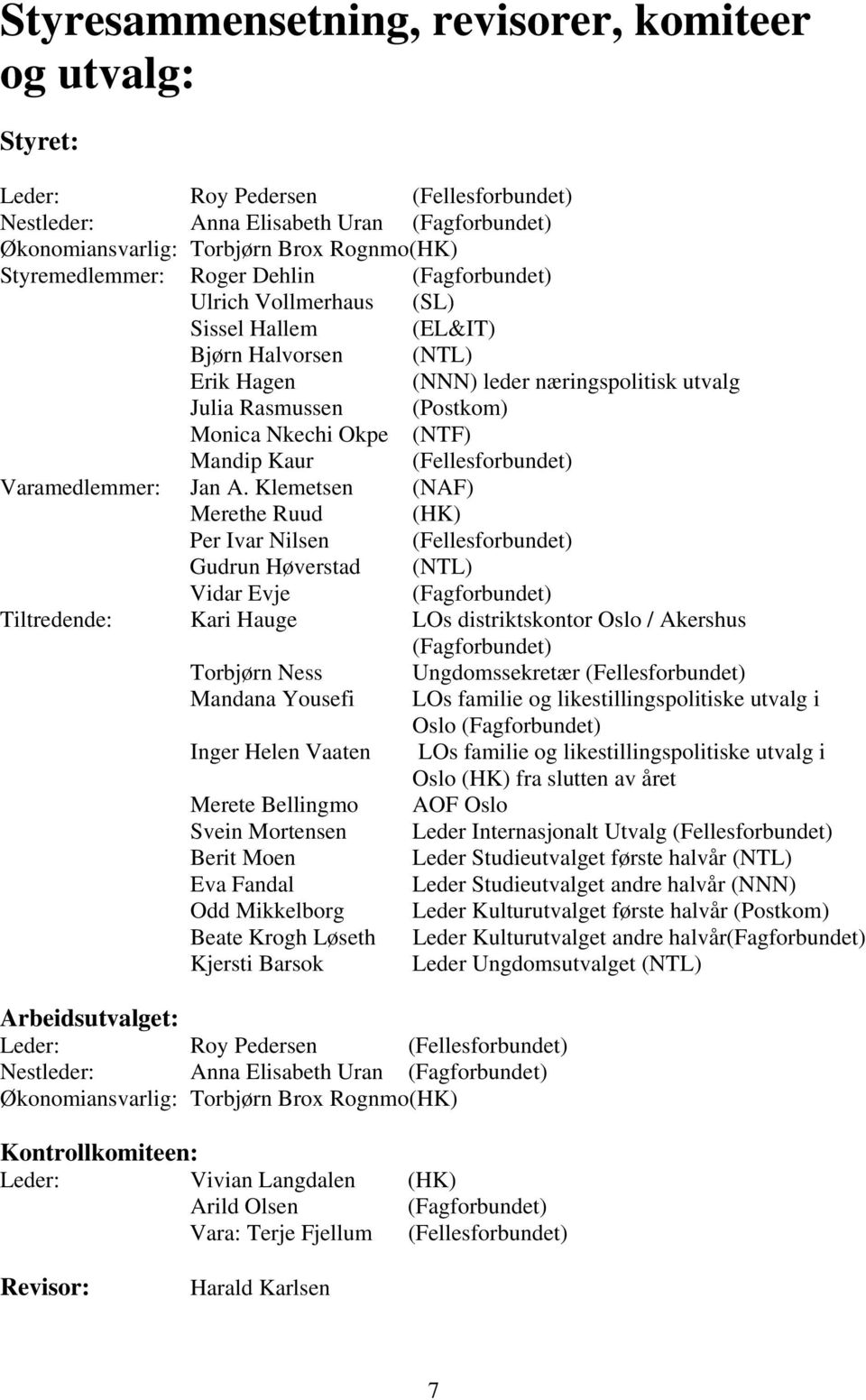 Okpe (NTF) Mandip Kaur (Fellesforbundet) Varamedlemmer: Jan A.