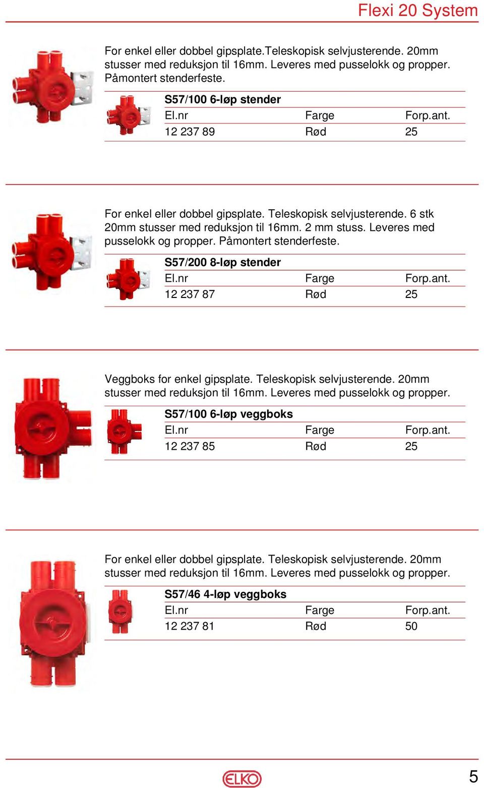 Påmontert stenderfeste. S57/200 8-løp stender 12 237 87 Rød 25 Veggboks for enkel gipsplate. Teleskopisk selvjusterende. 20mm stusser med reduksjon til 16mm. Leveres med pusselokk og propper.