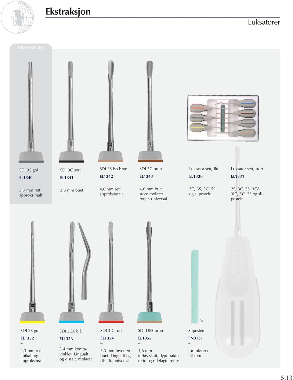 og slipestein ½ SDI 2S gul SDI 3CA blå SDI 3IC rød SDI DE5 brun Slipestein EL1352 2,3 mm rett apikalt og approksimalt EL1353 3,4 mm kontravinklet.