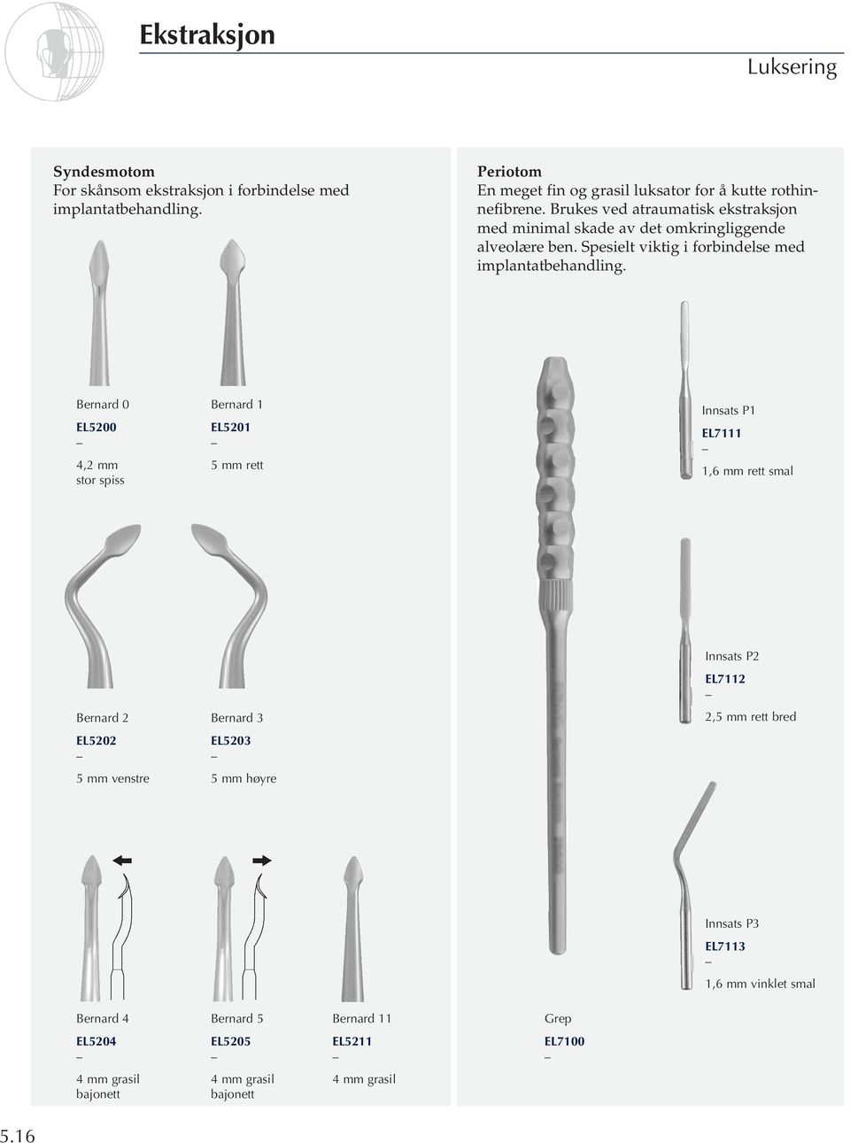 Bernard 0 EL5200 4,2 mm stor spiss Bernard 1 EL5201 5 mm rett Innsats P1 EL7111 1,6 mm rett smal Bernard 2 EL5202 5 mm venstre Bernard 3 EL5203 5 mm høyre Innsats