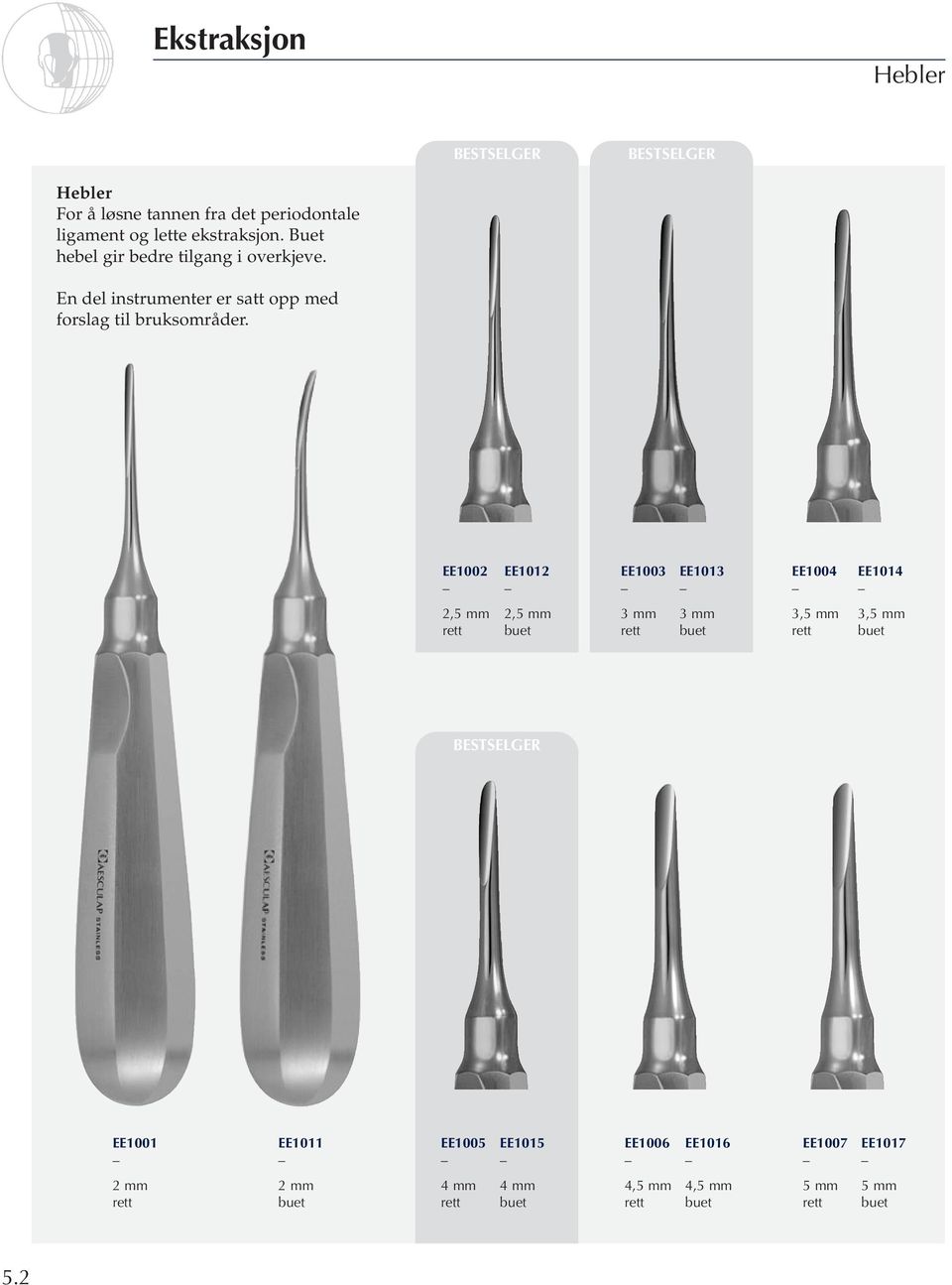 EE1002 EE1012 EE1003 EE1013 EE1004 EE1014 2,5 mm rett 2,5 mm buet 3 mm rett 3 mm buet 3,5 mm rett 3,5 mm