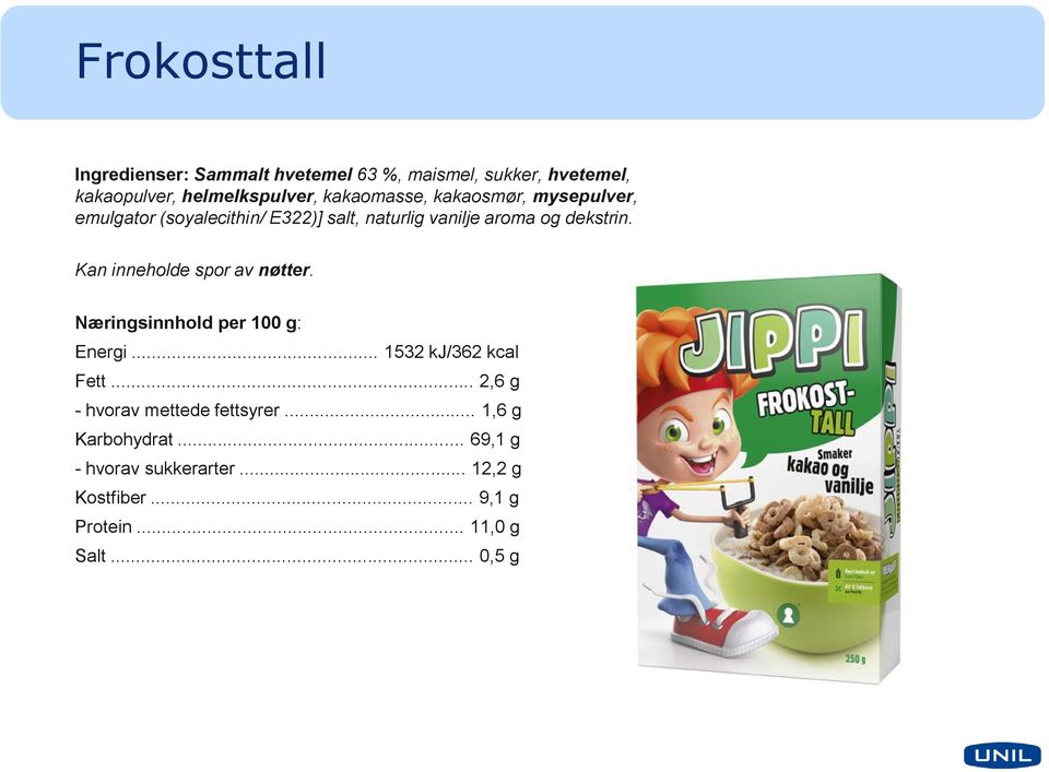 dekstrin. Kan inneholde spor av nøtter. Energi... 1532 kj/362 kcal Fett... 2,6 g - hvorav mettede fettsyrer.