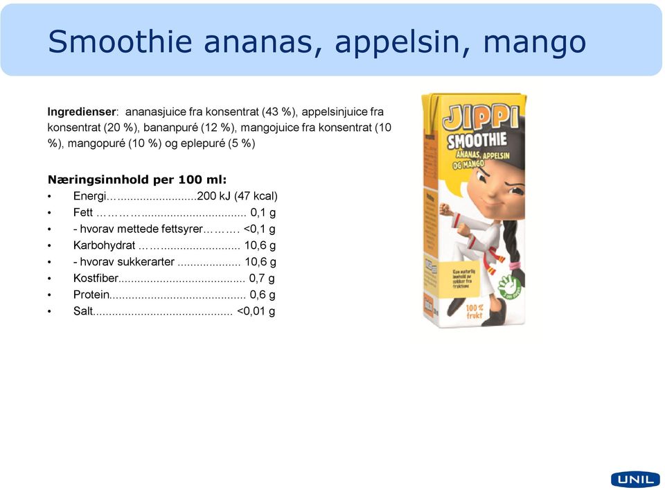 %) Næringsinnhold per 100 ml: Energi...200 kj (47 kcal) Fett... 0,1 g - hvorav mettede fettsyrer.