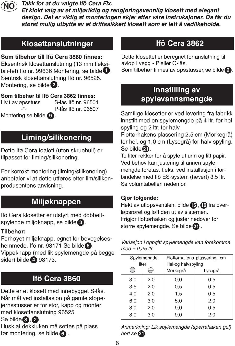 Klosettanslutninger Som tilbehør till Ifö Cera 860 finnes: Eksentrisk klosettanslutning (1 mm fleksibili-tet) Ifö nr. 9966 Montering, se bilde 1. Sentrisk klosettanslutning Ifö nr. 96.