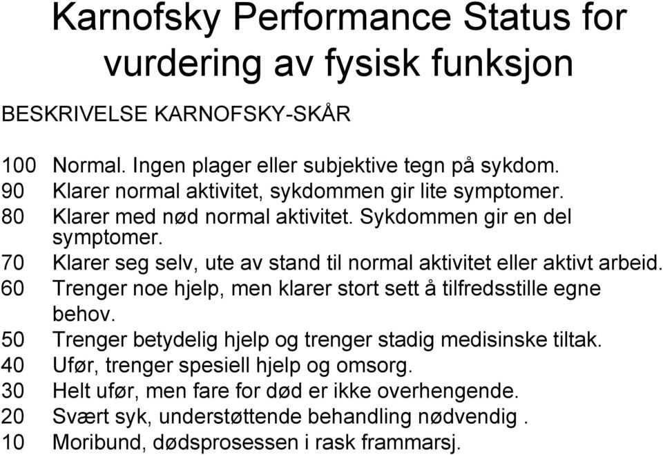 70 Klarer seg selv, ute av stand til normal aktivitet eller aktivt arbeid. 60 Trenger noe hjelp, men klarer stort sett å tilfredsstille egne behov.