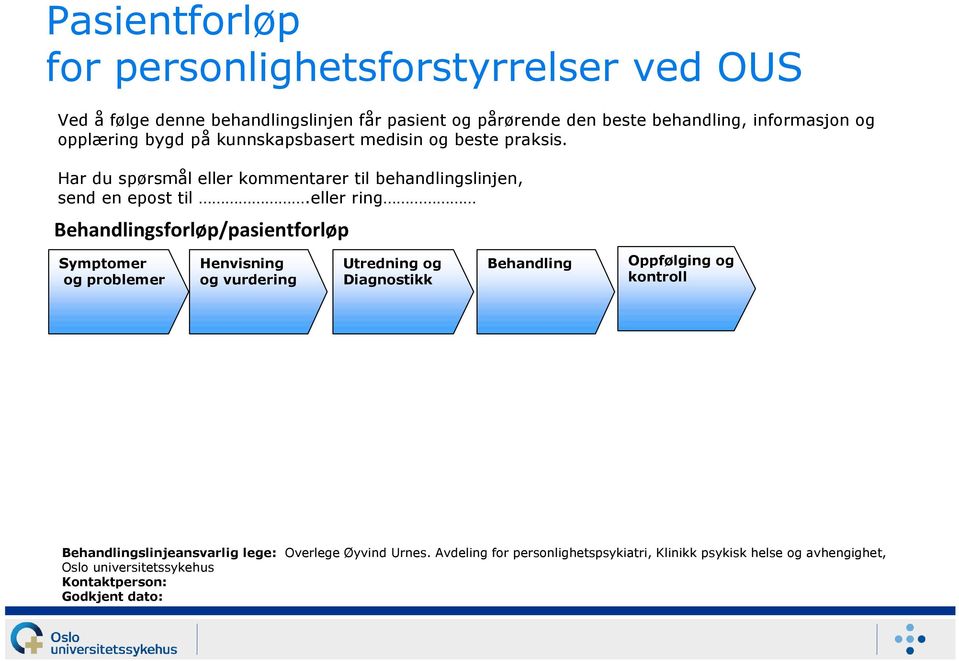 eller ring Behandlingsforløp/pasientforløp Symptomer og problemer Henvisning og vurdering Utredning og Diagnostikk Behandling Oppfølging og kontroll