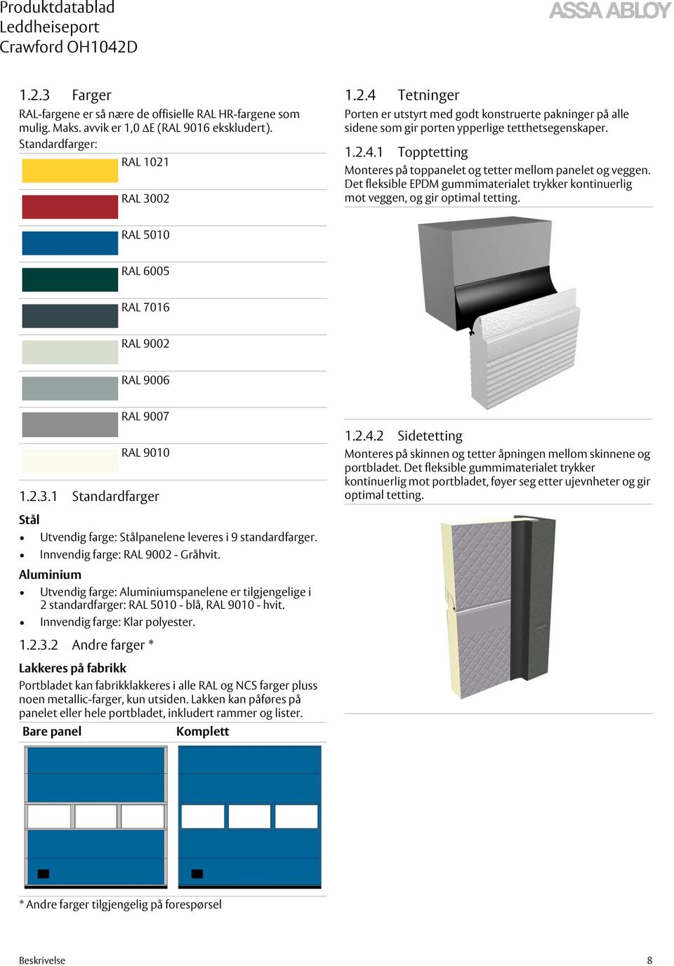 RAL 5010 RAL 6005 RAL 7016 RAL 9002 RAL 9006 RAL 9007 RAL 9010 1.2.3.1 Standardfarger 1.2.4.2 Sidetetting Monteres på skinnen og tetter åpningen mellom skinnene og portbladet.