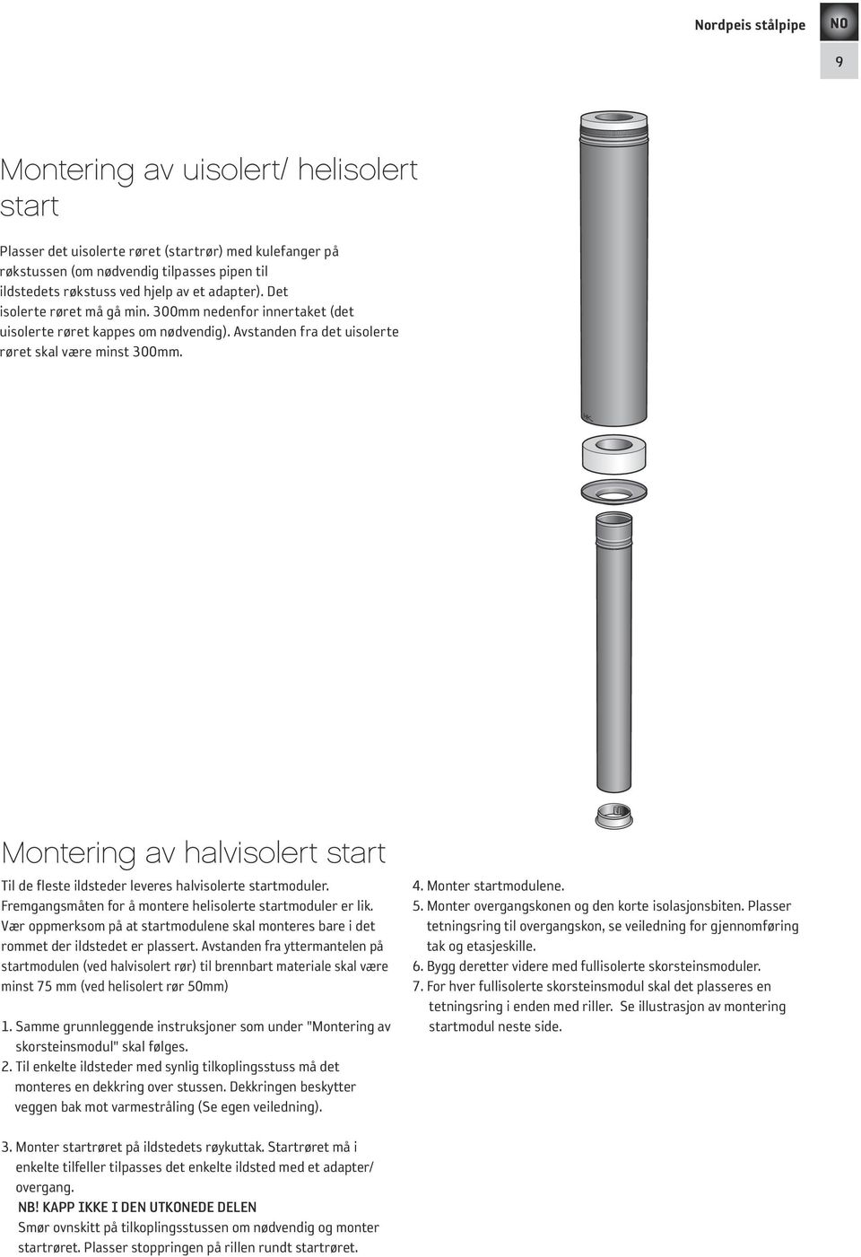 Montering av halvisolert start Til de fleste ildsteder leveres halvisolerte startmoduler. Fremgangsmåten for å montere helisolerte startmoduler er lik.