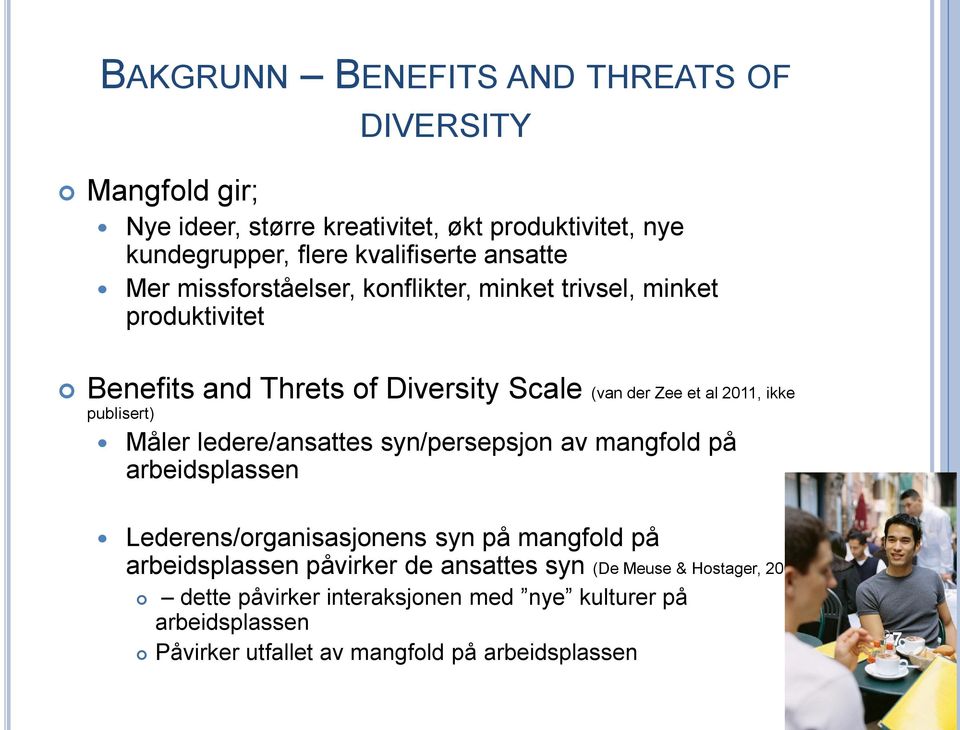 publisert) Måler ledere/ansattes syn/persepsjon av mangfold på arbeidsplassen Lederens/organisasjonens syn på mangfold på arbeidsplassen påvirker de