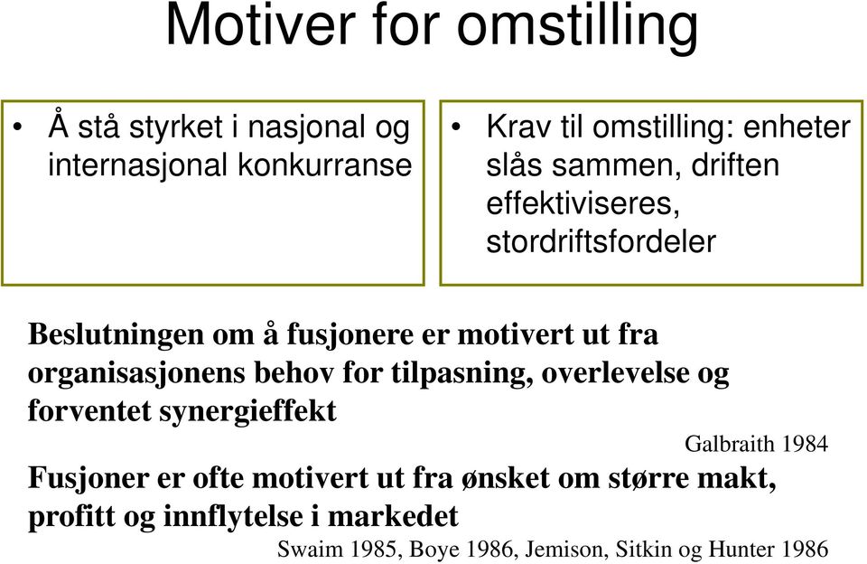 organisasjonens behov for tilpasning, overlevelse og forventet synergieffekt Galbraith 1984 Fusjoner er ofte