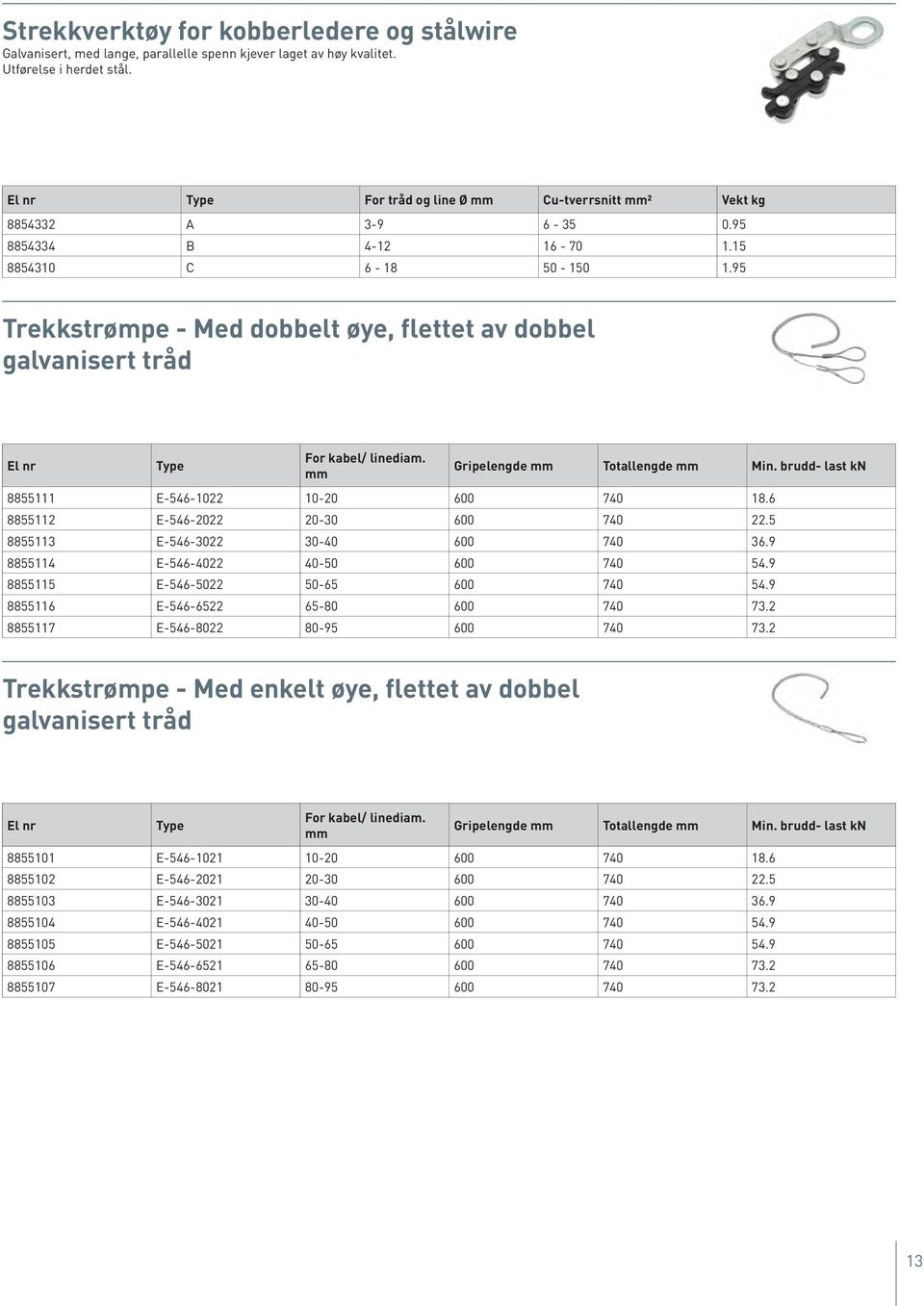 95 Trekkstrømpe - Med dobbelt øye, flettet av dobbel galvanisert tråd El nr Type For kabel/ linediam. mm Gripelengde mm Totallengde mm Min. brudd- last kn 8855111 E-546-1022 10-20 600 740 18.
