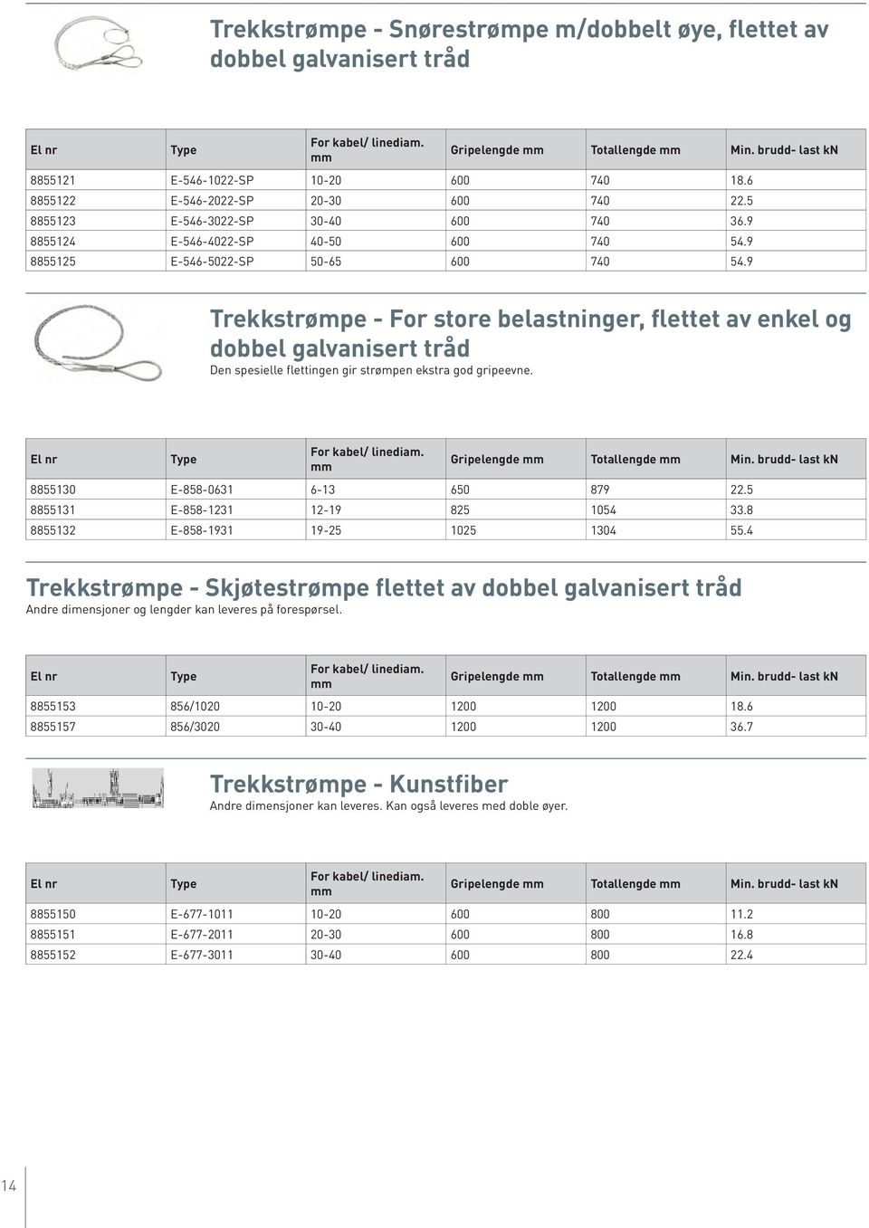 9 8855125 E-546-5022-SP 50-65 600 740 54.9 Trekkstrømpe - For store belastninger, flettet av enkel og dobbel galvanisert tråd Den spesielle flettingen gir strømpen ekstra god gripeevne.