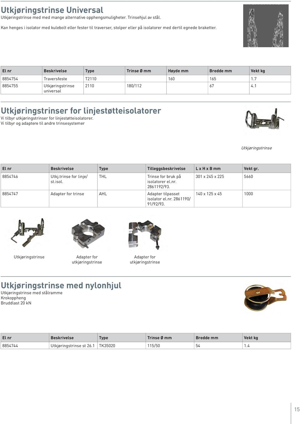 El nr Beskrivelse Type Trinse Ø mm Høyde mm Bredde mm Vekt kg 8854754 Traversfeste T2110 160 165 1.7 8854755 Utkjøringstrinse universal 2110 180/112 67 4.