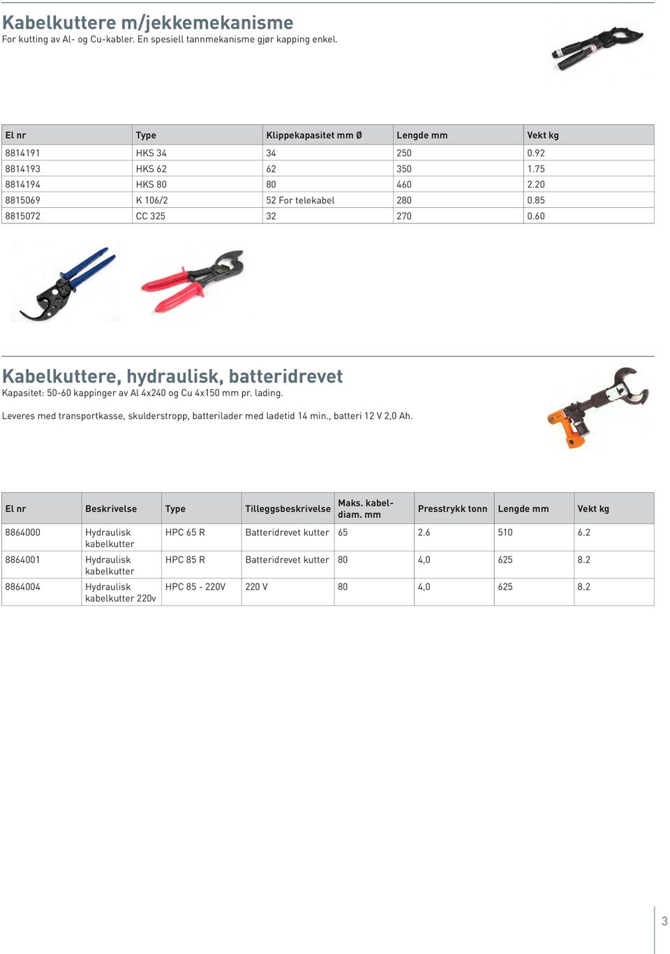 60 Kabelkuttere, hydraulisk, batteridrevet Kapasitet: 50-60 kappinger av Al 4x240 og Cu 4x150 mm pr. lading. Leveres med transportkasse, skulderstropp, batterilader med ladetid 14 min.