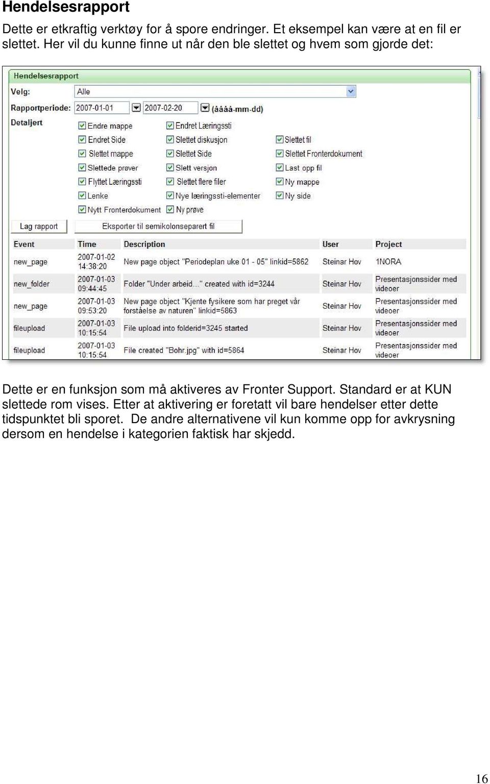 Support. Standard er at KUN slettede rom vises.