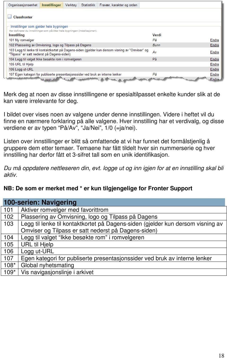 Listen over innstillinger er blitt så omfattende at vi har funnet det formålstjenlig å gruppere dem etter temaer.