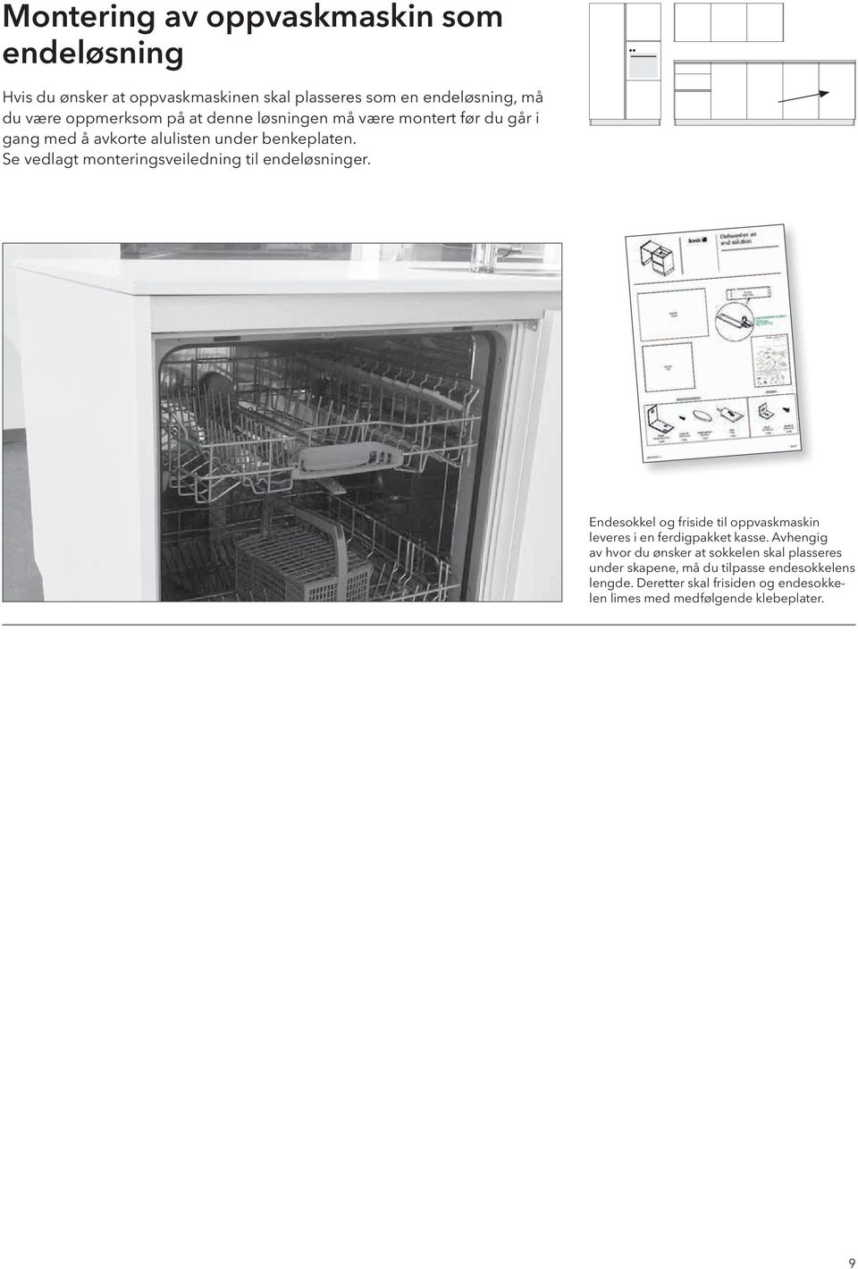 Se vedlagt monteringsveiledning til endeløsninger. Endesokkel og friside til oppvaskmaskin leveres i en ferdigpakket kasse.